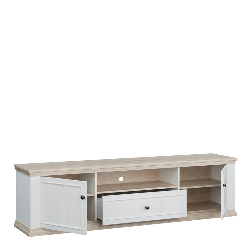 Pontypool Wide TV Unit with 2 Doors, Drawer & Open Shelf in White and Riva Oak — alternative angle