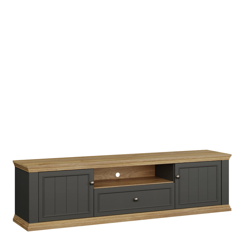 Pontypool Wide TV Unit with 2 Doors, Drawer & Open Shelf in Grey and Mauvella Oak — front view
