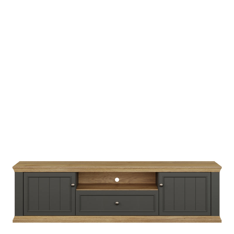 Pontypool Wide TV Unit with 2 Doors, Drawer & Open Shelf in Grey and Mauvella Oak — side angle