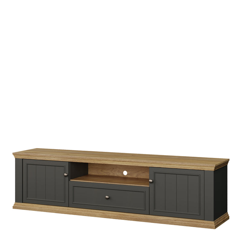 Pontypool Wide TV Unit with 2 Doors, Drawer & Open Shelf in Grey and Mauvella Oak — detail view