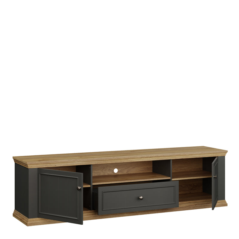 Pontypool Wide TV Unit with 2 Doors, Drawer & Open Shelf in Grey and Mauvella Oak — alternative angle