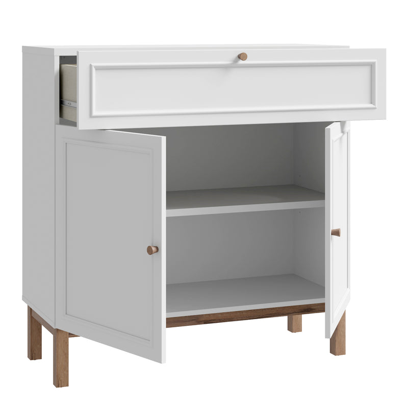 Wensley 2 Door 1 Drawer Console in Light Grey and Oak — detail view