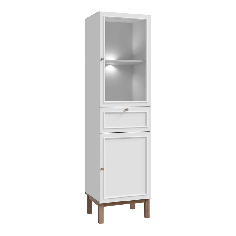 Wensley Display Cabinet with 1 Door 1 Drawer and  1 Glass Door in Light Grey and Oak inc LED Lighting — front view