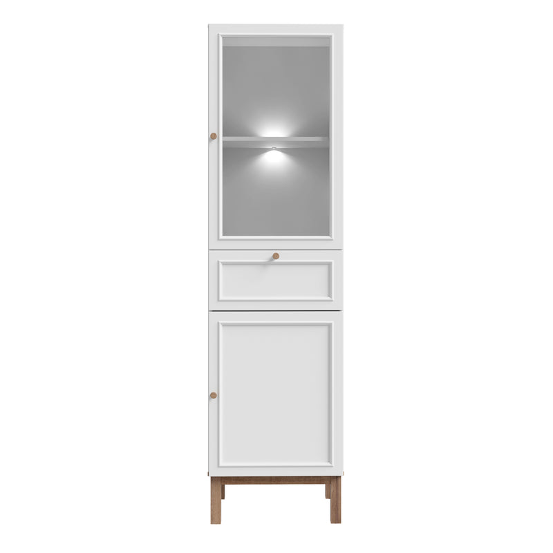 Wensley Display Cabinet with 1 Door 1 Drawer and  1 Glass Door in Light Grey and Oak inc LED Lighting — side angle