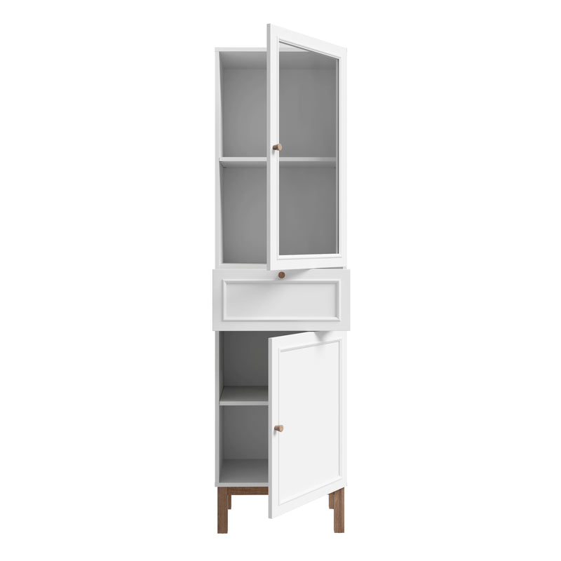 Wensley Display Cabinet with 1 Door 1 Drawer and  1 Glass Door in Light Grey and Oak inc LED Lighting — alternative angle
