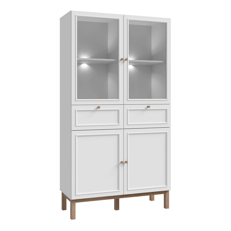 Wensley Display Cabinet with 2 Doors 2 Drawers and 2 Glass Doors in Light Grey and Oak inc LED Lighting — front view