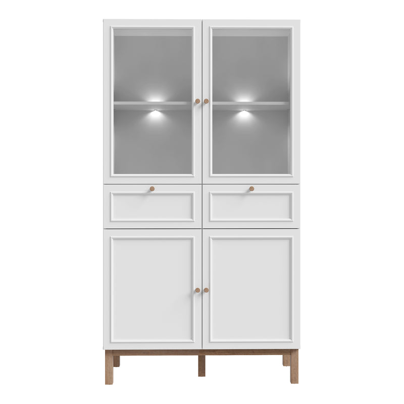 Wensley Display Cabinet with 2 Doors 2 Drawers and 2 Glass Doors in Light Grey and Oak inc LED Lighting — side angle