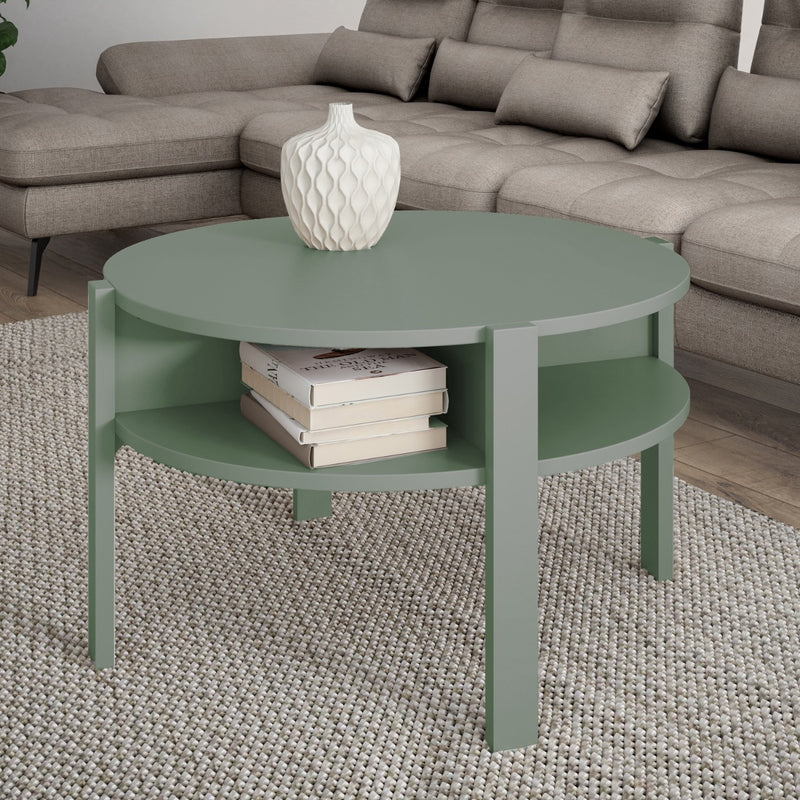 Tobago Round Coffee Table with Open Shelf in Sage Green