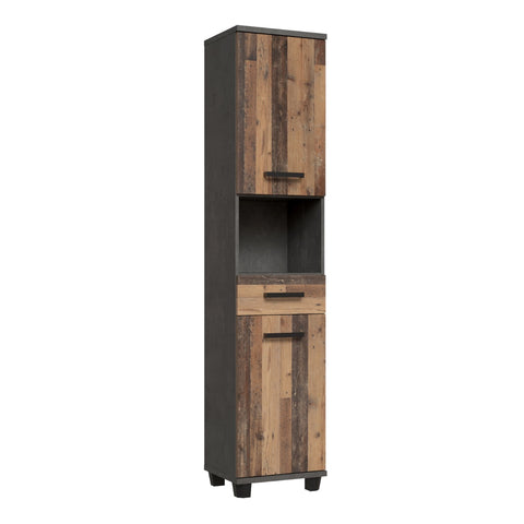 Veris Tall Narrow Bathroom Cupboard - Walnut & Dark Grey