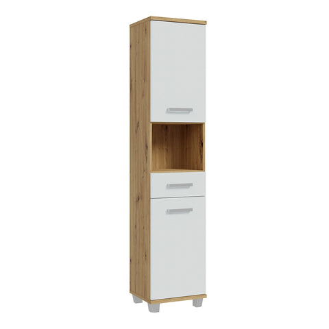 Veris Tall Narrow Bathroom Cupboard - 2 Doors & 1 Drawer Oak White