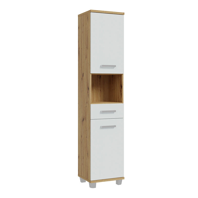 Veris Tall Narrow Bathroom Cupboard - 2 Doors & 1 Drawer Oak White