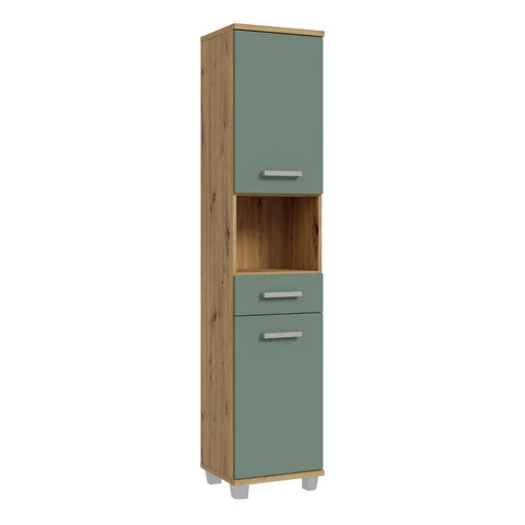 Veris Tall Narrow Bathroom Cupboard 2 Doors 1 Drawer Oak Sage