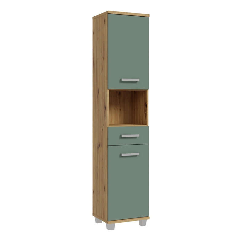 Veris Tall Narrow Bathroom Cupboard 2 Doors 1 Drawer Oak Sage