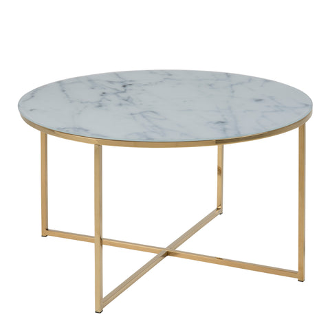 Alisma Round Coffee Table with White Marble Effect Glass Top & Gold Legs — front view