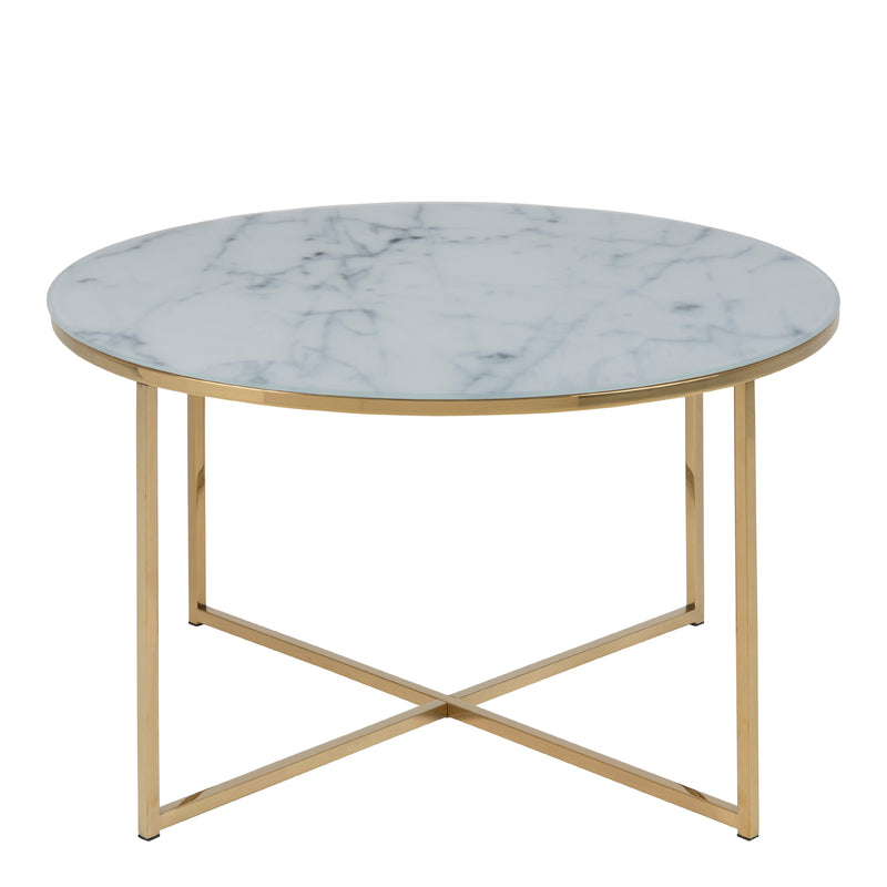 Alisma Round Coffee Table with White Marble Effect Glass Top & Gold Legs — side angle