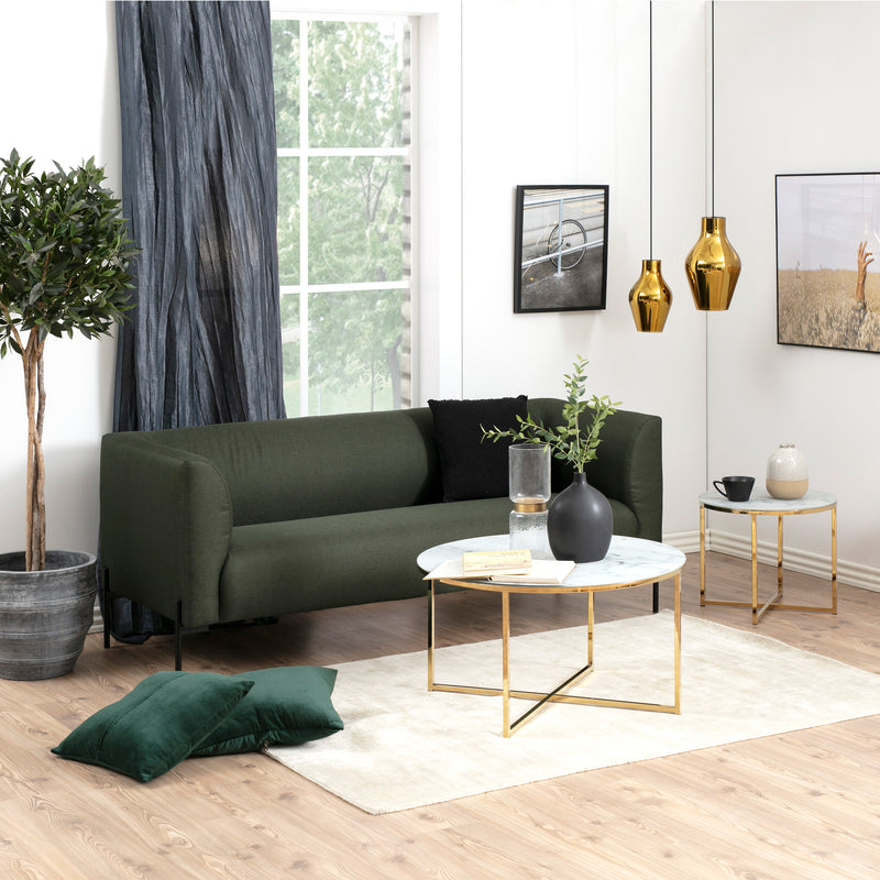 Alisma Round Coffee Table with White Marble Effect Glass Top & Gold Legs — detail view
