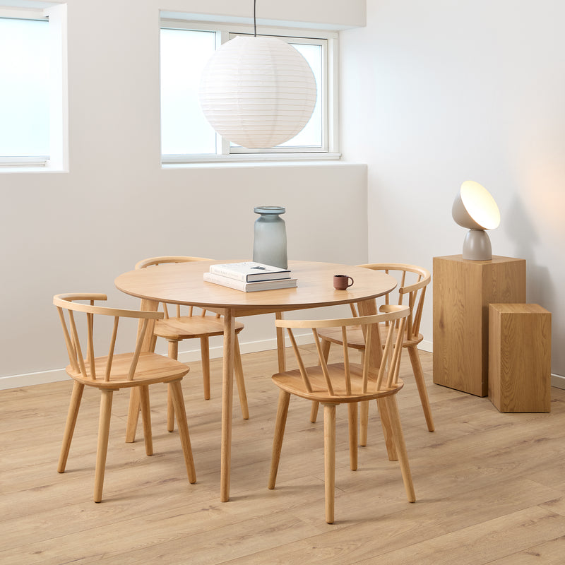 Nagano Round Dining Table in Oak 120cm includes 4 Ida Dining Chairs in Oak — front view