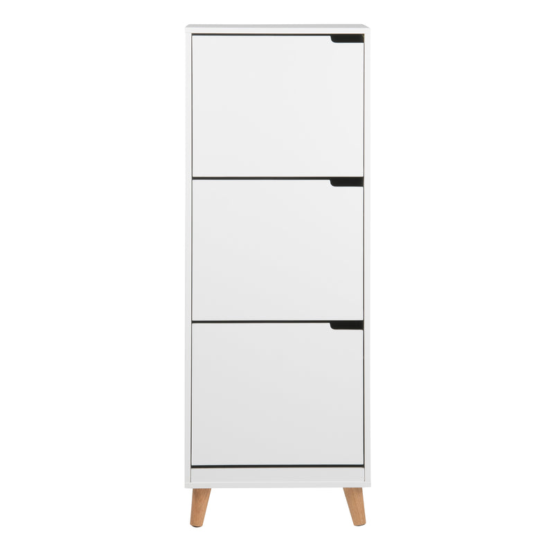 Mitra Shoe Cabinet 3 Flip Down Doors in White — side angle