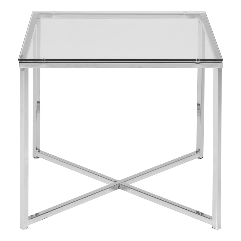 Cross Square Metal Side Table with Glass Top — side angle