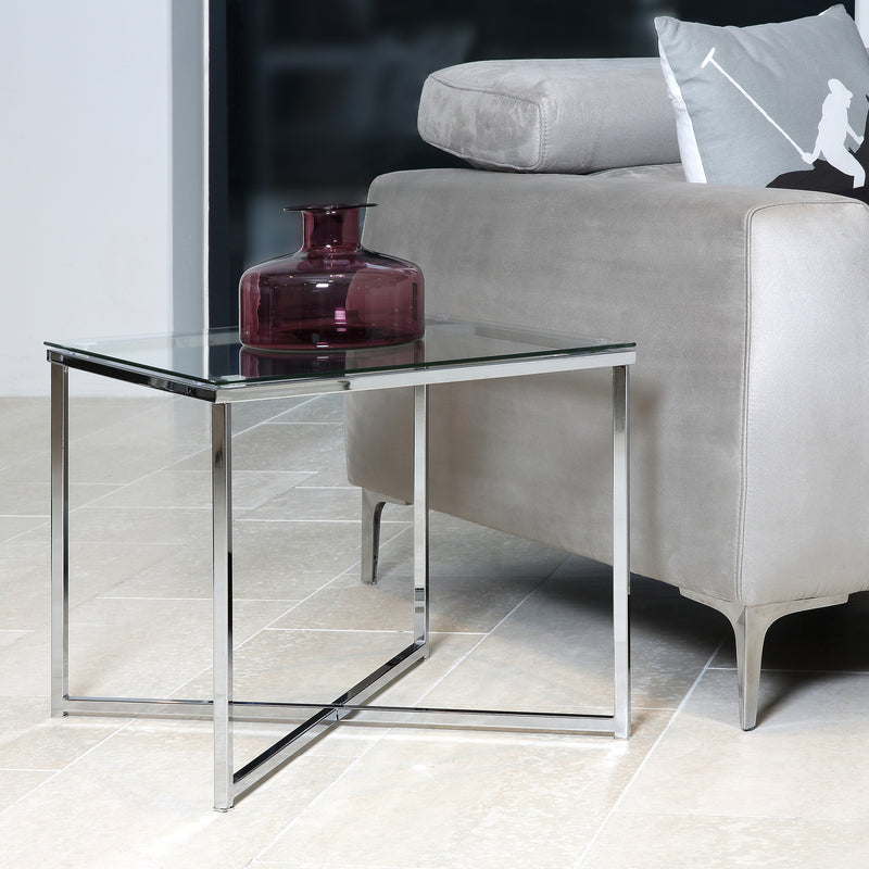 Cross Square Metal Side Table with Glass Top — detail view