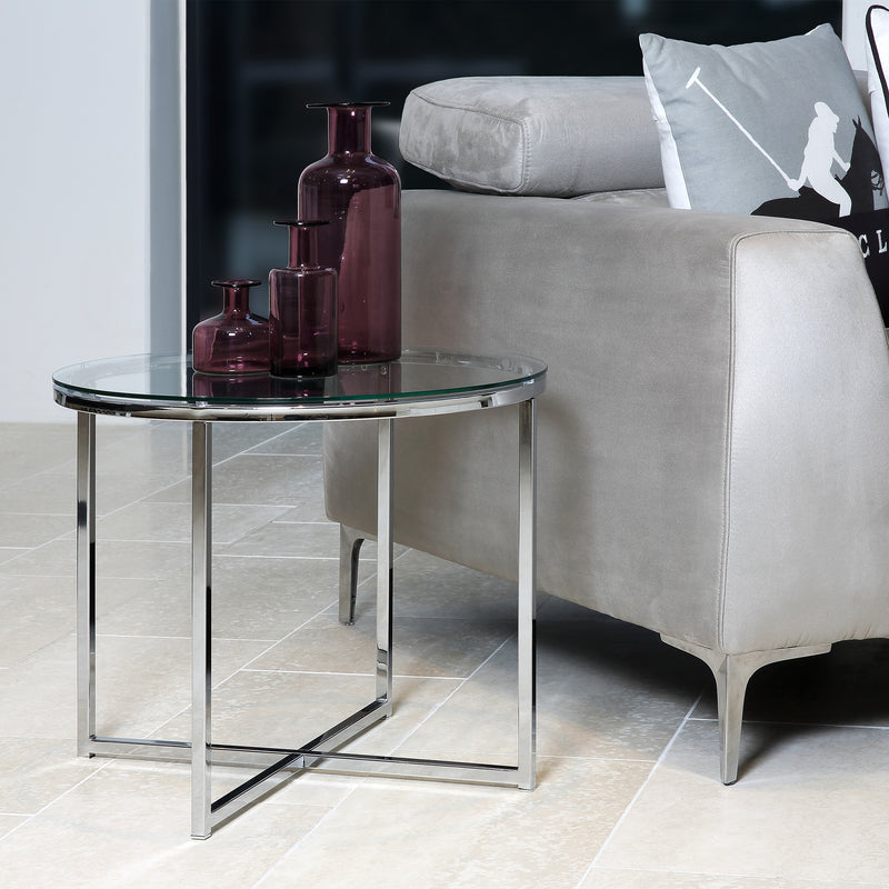 Cross Round Metal Side Table with Glass Top — detail view
