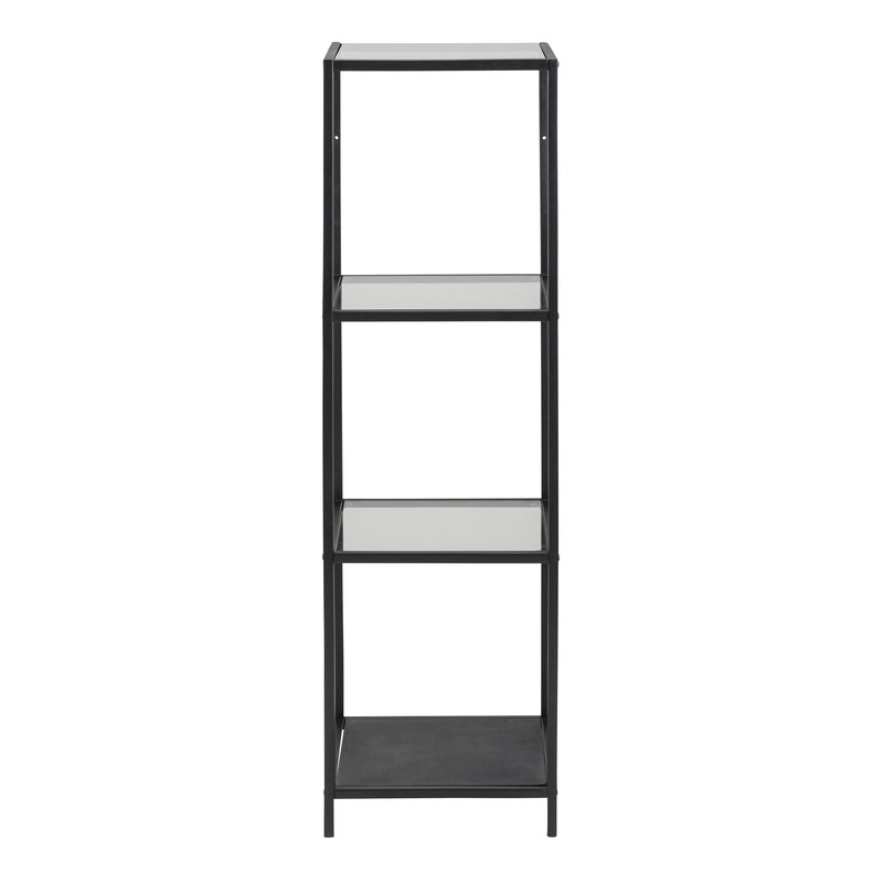 Seaford Narrow Black Metal Bookcase with 3 Glass Shelves — side angle