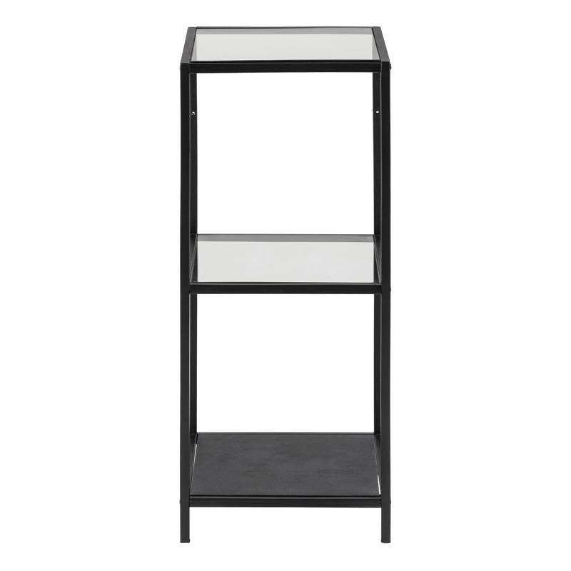 Seaford Narrow Black Metal Bookcase with 2 Glass Shelves — side angle