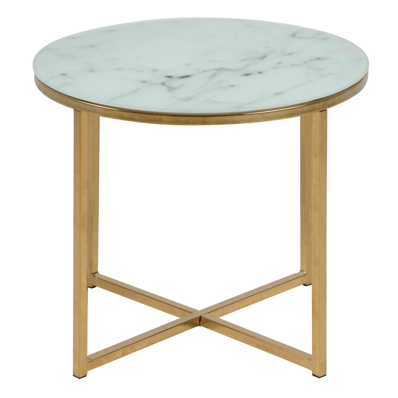 Alisma Round Side Table with White Crystal Clear Marble Glass Top & Gold Legs — side angle