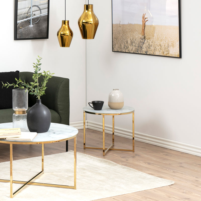 Alisma Round Side Table with White Crystal Clear Marble Glass Top & Gold Legs — detail view