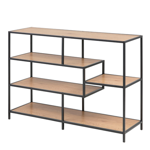 Seaford Wide Black Metal Bookcase with 4 Oak Shelves — view