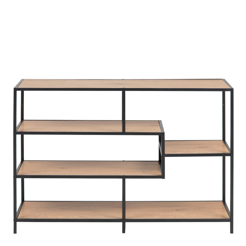 Seaford Wide Black Metal Bookcase with 4 Oak Shelves — side angle