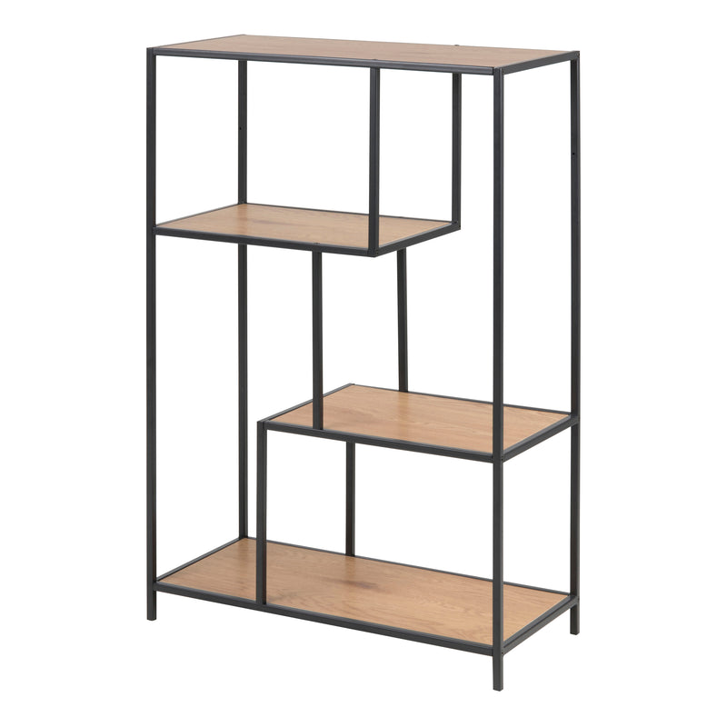 Seaford Black Metal Asymmetrical Bookcase with 3 Oak Shelves — front view