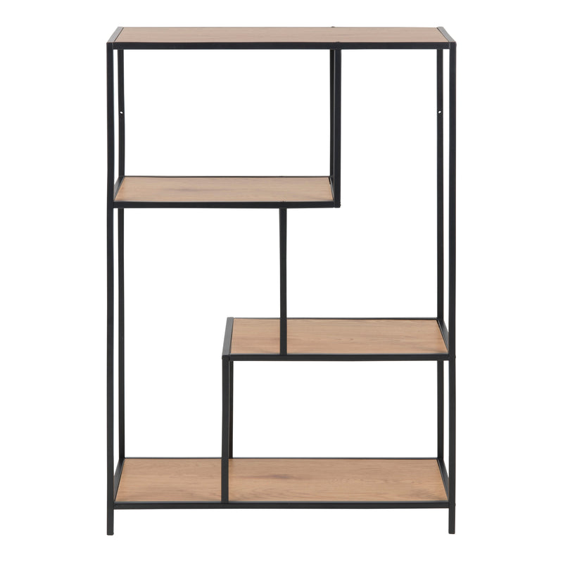 Seaford Black Metal Asymmetrical Bookcase with 3 Oak Shelves — side angle