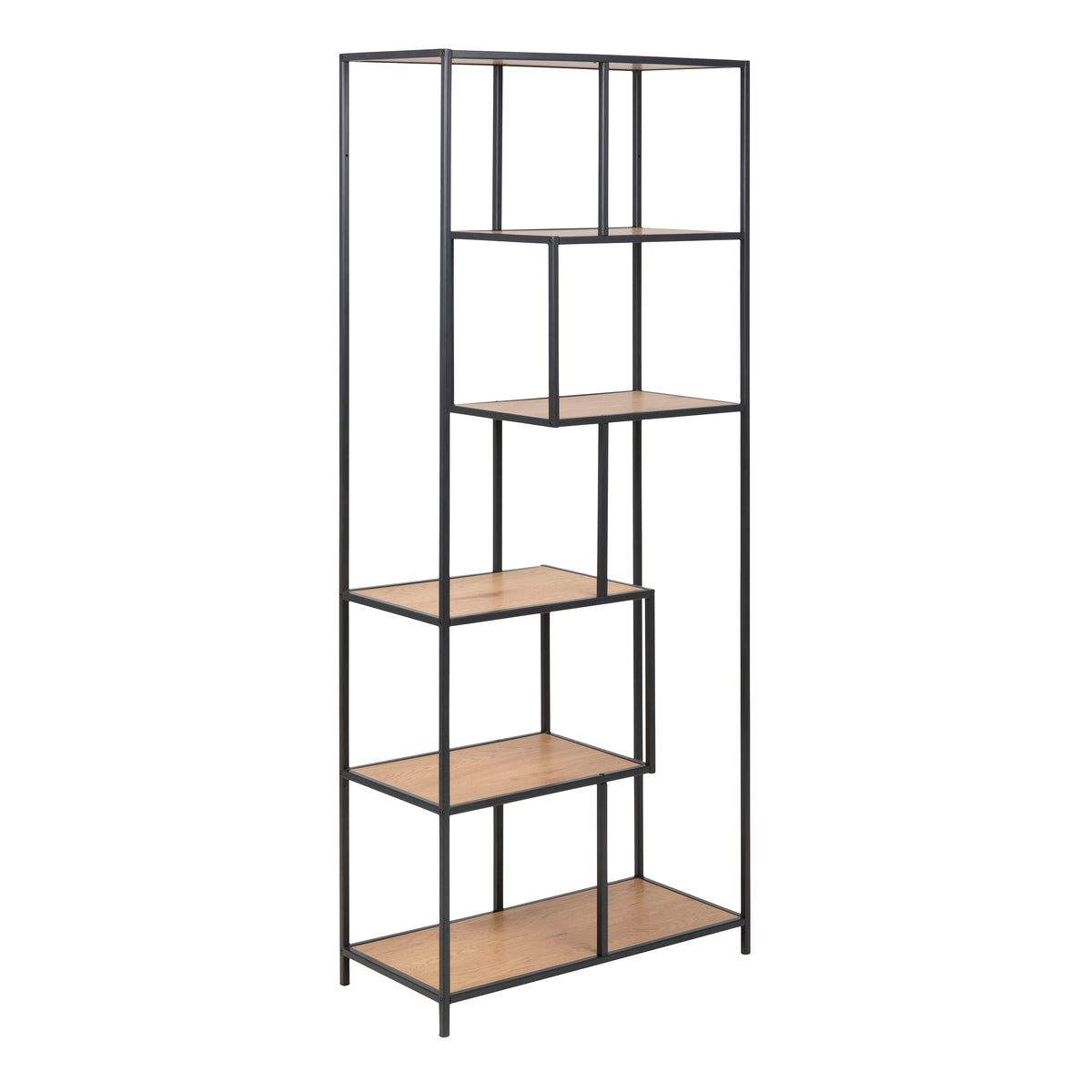 Seaford Tall Black Metal Bookcase with 5 Oak Shelves — front view