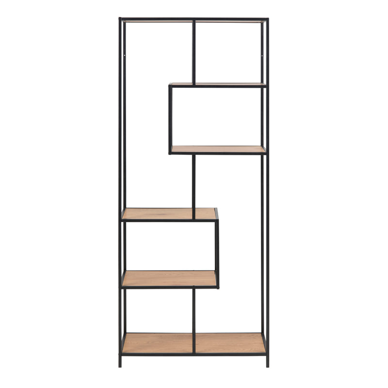 Seaford Tall Black Metal Bookcase with 5 Oak Shelves — side angle