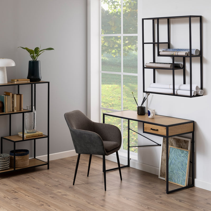 Seaford Black Metal Wide Wall Shelf with 3 Additional Oak Shelves — detail view