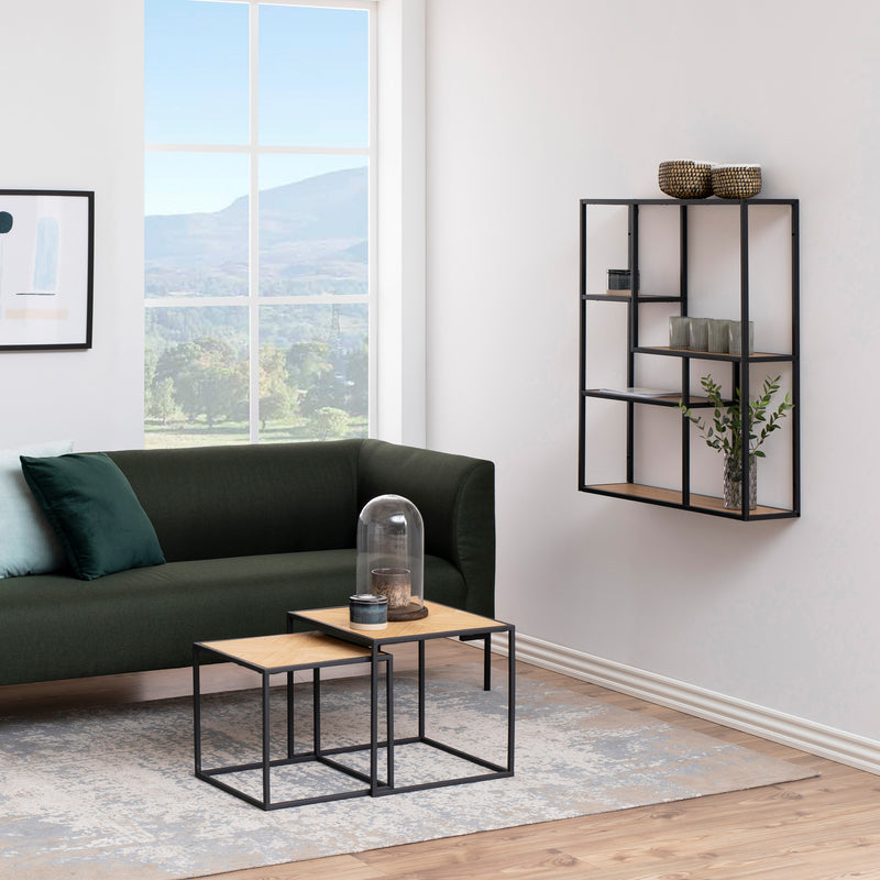 Seaford Black Metal Wide Wall Shelf with 3 Additional Oak Shelves — alternative angle