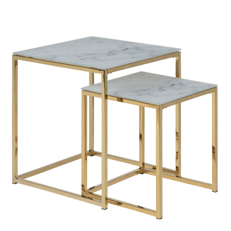 Alisma Nest of Tables with White Crystal Clear Marble Glass Top & Gold Legs — front view
