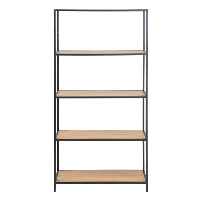 Seaford Tall Black Metal Bookcase with 4 Oak Shelves — side angle