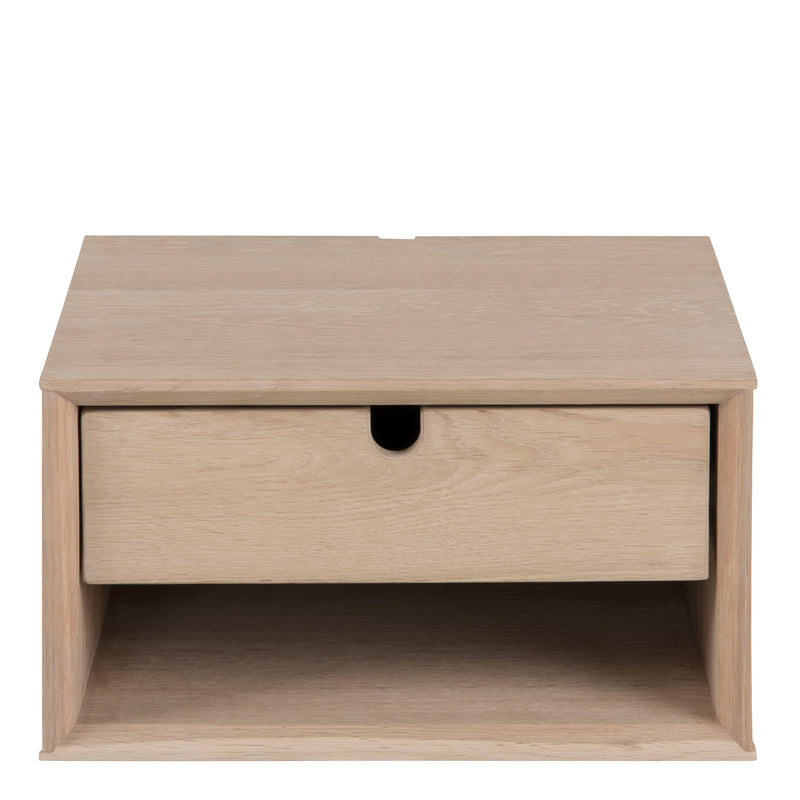 Century 1 Drawer Wall Mounted Bedside Table in Oak — side angle