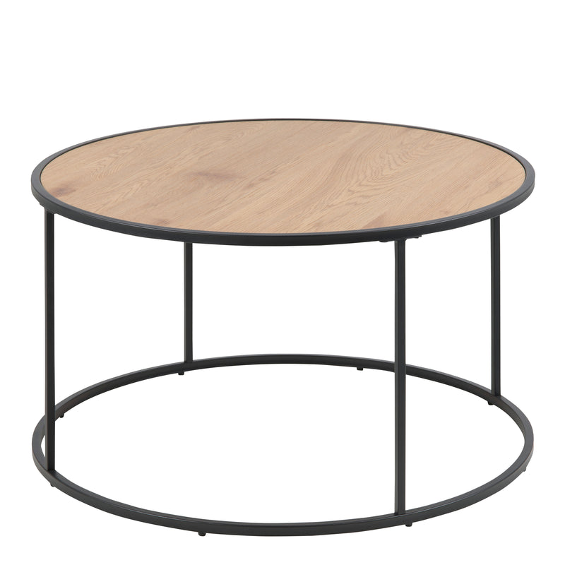Seaford Black Metal Round Coffee Table with Oak Top — side angle