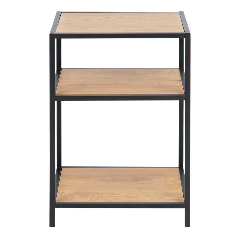 Seaford Black Metal Bedside Table with 2 Oak Shelves — side angle