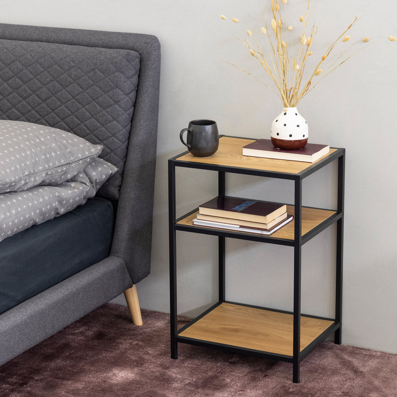 Seaford Black Metal Bedside Table with 2 Oak Shelves — detail view