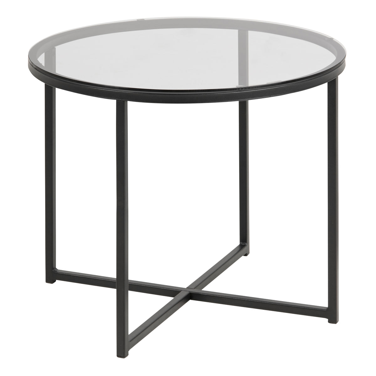 Cross Round Metal Side Table with Smoked Glass Top — front view