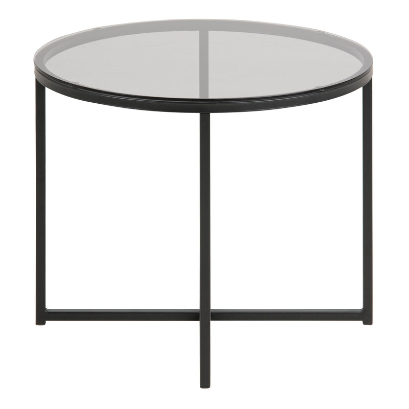 Cross Round Metal Side Table with Smoked Glass Top — side angle