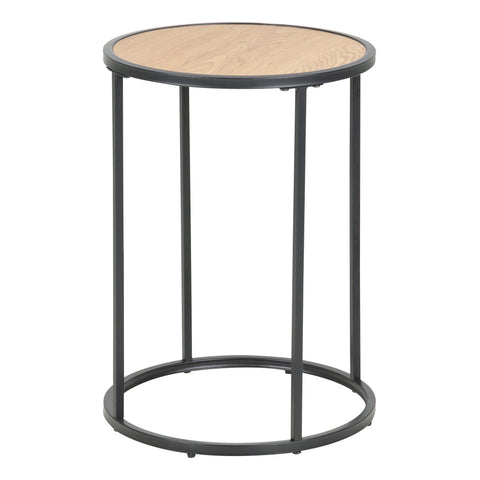 Seaford Black Metal Small Round Side Table with Oak Top — front view