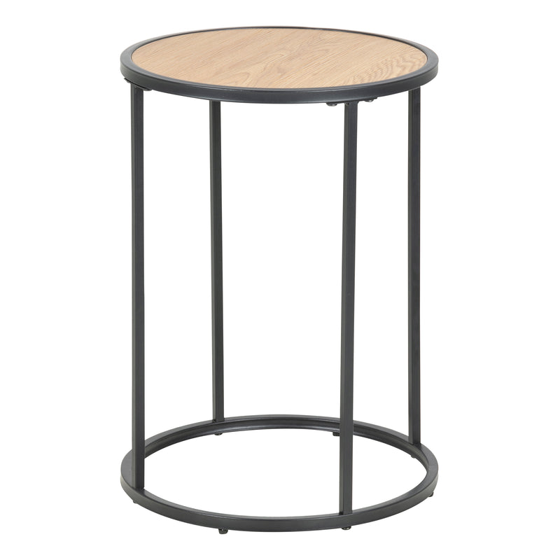 Seaford Black Metal Small Round Side Table with Oak Top — front view