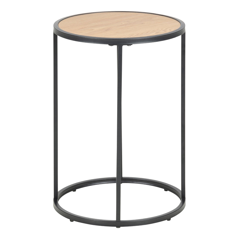 Seaford Black Metal Small Round Side Table with Oak Top — side angle