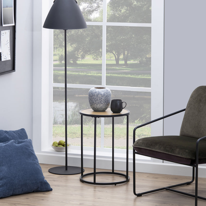Seaford Black Metal Small Round Side Table with Oak Top — detail view