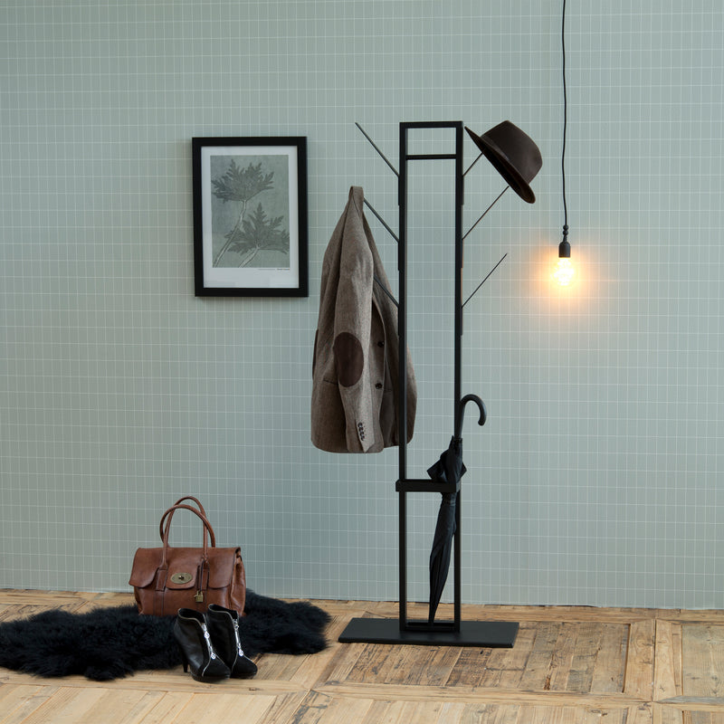 Vinson coat hanger, frame and base matt black powder coated steel, 56x28x165 cm — detail view